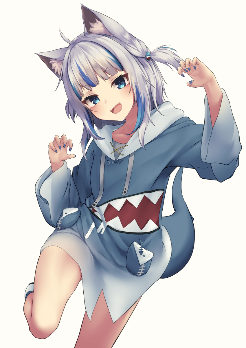 1girl :d absurdres animal_costume bangs bare_legs black_panties blue_eyes blue_hair blue_hoodie blue_nails blunt_bangs claw_pose eyebrows_visible_through_hair fish_tail gawr_gura hair_ornament highres hololive hololive_english hood hoodie inaba_teitoku knee_up light_blush long_sleeves looking_at_viewer medium_hair multicolored_hair open_mouth panties shark_costume shark_girl shark_hair_ornament shark_tail sharp_teeth shoes silver_hair simple_background smile sneakers solo streaked_hair tail teeth two_side_up underwear v-shaped_eyebrows virtual_youtuber white_background white_footwear wide_sleeves