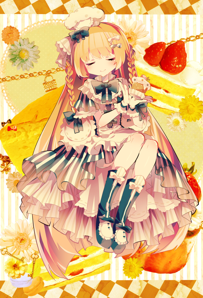 1girl blonde_hair blue_ribbon boots bow braid chef_hat closed_eyes dress hair_bow hat highres lace_trim long_hair momomotsu original polka_dot polka_dot_bow ribbon sitting smile solo striped striped_dress twin_braids vertical-striped_dress vertical_stripes white_headwear