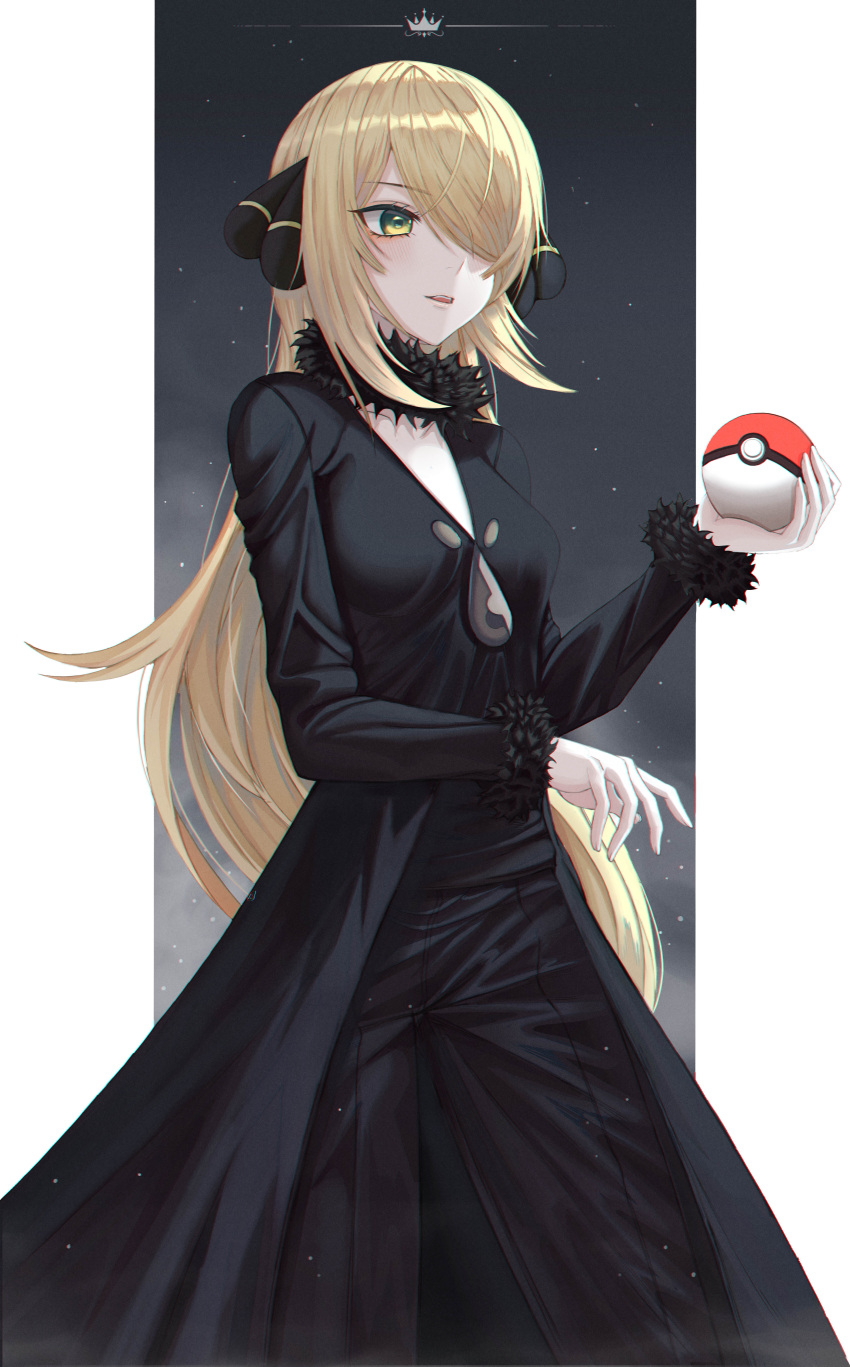 1girl absurdres bangs black_pants blonde_hair cynthia_(pokemon) floating_hair fur-trimmed_sleeves fur_trim green_eyes hair_ornament highres holding holding_poke_ball long_hair long_sleeves open_mouth pants poise poke_ball pokemon pokemon_(game) pokemon_dppt shiny shiny_hair solo standing swept_bangs very_long_hair