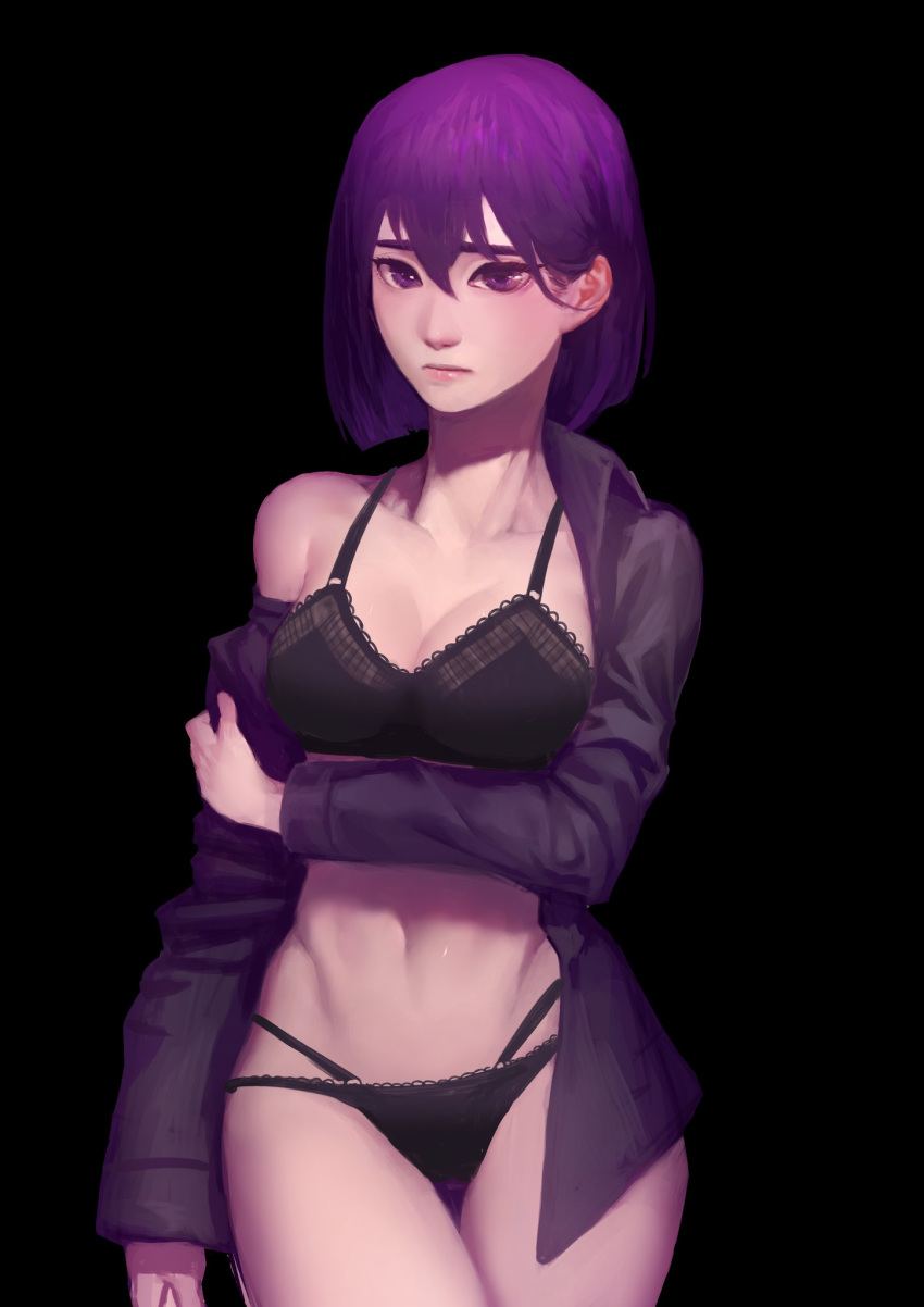 1girl black_background black_bra black_panties bob_cut bra breasts closed_mouth collared_shirt cowboy_shot frilled_bra frilled_panties frills hair_between_eyes highres large_breasts long_sleeves looking_at_viewer open_clothes open_shirt original panties purple_hair purple_shirt shirt simple_background single_bare_shoulder smile solo sparrowl standing thigh_gap underwear violet_eyes