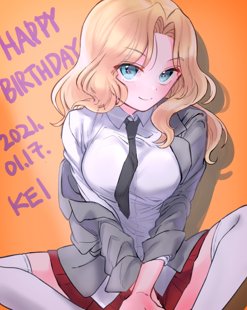 100zi 1girl black_neckwear blazer blonde_hair blouse blue_eyes butterfly_sitting character_name closed_mouth collared_blouse dated dress_shirt english_text eyebrows_visible_through_hair girls_und_panzer grey_jacket hair_intakes happy_birthday highres jacket kay_(girls_und_panzer) long_hair long_sleeves looking_at_viewer miniskirt necktie off_shoulder open_clothes open_jacket orange_background pleated_skirt red_skirt saunders_school_uniform school_uniform shadow shirt sitting skirt sleeves_rolled_up smile solo thigh-highs white_blouse white_legwear white_shirt wing_collar