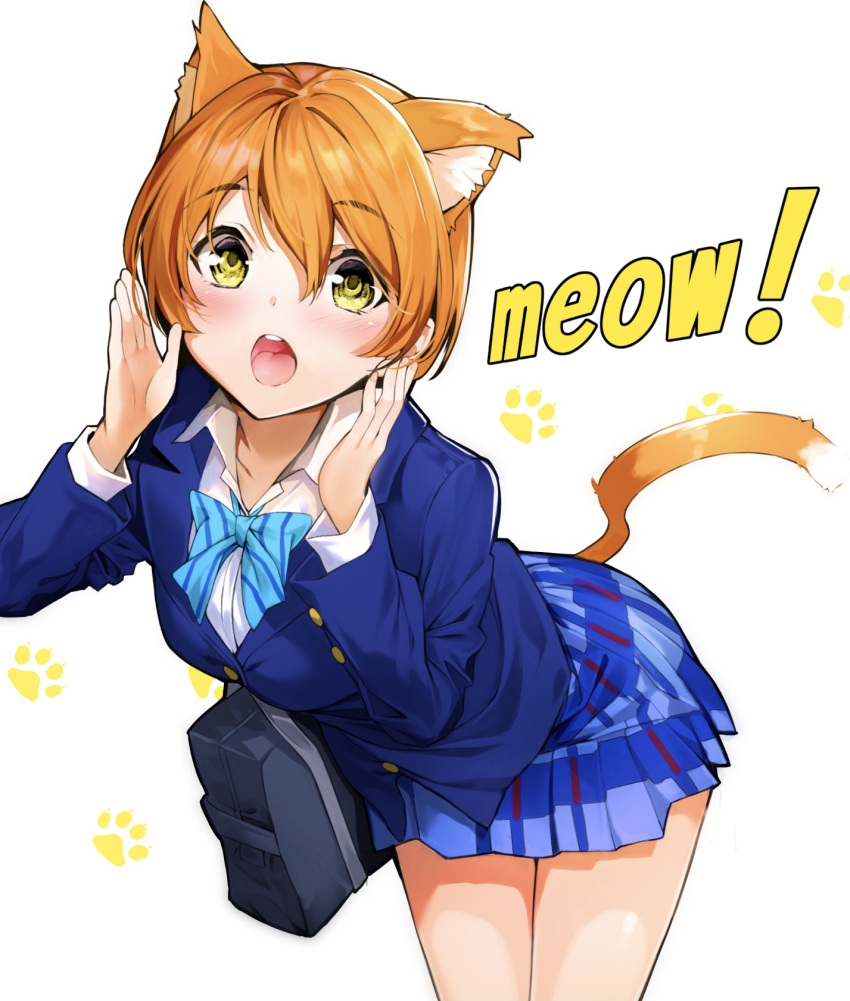 1girl animal_ear_fluff animal_ears bag blazer blue_neckwear blue_skirt bow bowtie cat_ears cat_tail commentary_request eyebrows_visible_through_hair hair_between_eyes highres hoshizora_rin jacket kemonomimi_mode looking_at_viewer love_live! love_live!_school_idol_project nakano_maru open_mouth orange_hair paw_background plaid plaid_skirt school_uniform shirt short_hair simple_background skirt solo striped striped_neckwear tail white_background white_shirt yellow_eyes