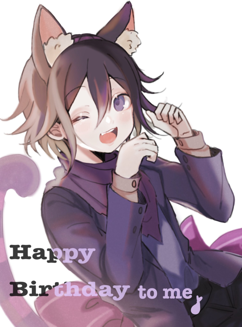 1boy :d alternate_costume animal_ears bangs bow cat_boy cat_ears cat_tail commentary_request cowboy_shot dangan_ronpa_(series) dangan_ronpa_v3:_killing_harmony ebi_(raruharura10) hair_between_eyes hands_up happy_birthday highres jacket large_bow long_sleeves looking_at_viewer male_focus one_eye_closed open_mouth ouma_kokichi pink_bow purple_jacket shirt simple_background smile solo tail upper_teeth violet_eyes white_background