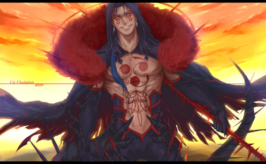 1boy abs black_gloves black_pants blue_hair bodypaint cape claws closed_mouth clouds cu_chulainn_(fate)_(all) cu_chulainn_alter_(fate/grand_order) dark_blue_hair dark_persona detached_hood earrings elbow_gloves facepaint fate/grand_order fate_(series) fur-trimmed_cape fur_trim gae_bolg gloves grin holding holding_polearm holding_weapon hood hood_up ibushi jewelry long_hair looking_at_viewer male_focus muscular navel pants pectorals polearm ponytail red_eyes sharp_teeth shirtless skin_tight sky smile solo spikes sunset tail teeth type-moon weapon