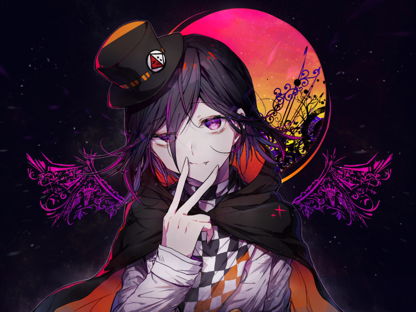 1boy alternate_costume bangs black_background black_cape black_hair black_headwear cape checkered checkered_neckwear commentary_request dangan_ronpa_(series) dangan_ronpa_v3:_killing_harmony fake_wings fang fangs finger_to_mouth goto_(sep) hair_between_eyes hat head_tilt hood hooded_cape jacket long_fingers long_sleeves looking_at_viewer male_focus mini_hat mini_top_hat multicolored multicolored_background orange_background ouma_kokichi purple_hair red_background red_cape shiny shiny_hair short_hair smile solo top_hat upper_body v violet_eyes white_jacket wing_print wings