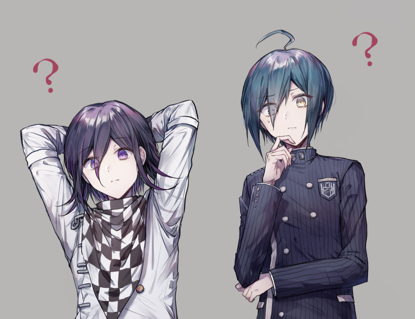 2boys ? ahoge arms_behind_head bangs black_jacket blue_hair checkered checkered_neckwear checkered_scarf closed_mouth commentary_request dangan_ronpa_(series) dangan_ronpa_v3:_killing_harmony eyebrows_visible_through_hair eyes_visible_through_hair gakuran goto_(sep) grey_background hair_over_one_eye hand_on_own_chin jacket long_sleeves looking_at_viewer male_focus messy_hair multiple_boys ouma_kokichi pale_skin saihara_shuuichi scarf school_uniform simple_background spoken_question_mark straitjacket upper_body vertical-striped_jacket violet_eyes white_jacket