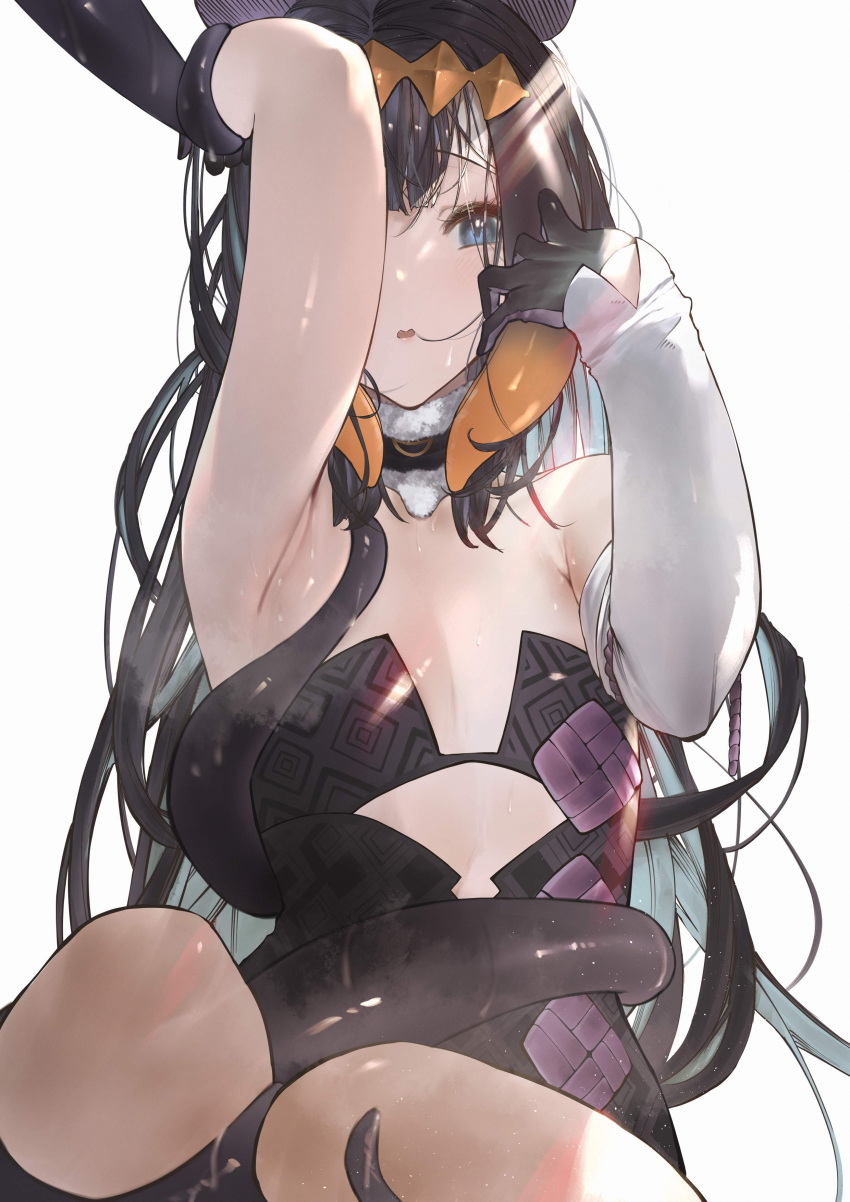 1girl absurdres armpits asymmetrical_sleeves bare_shoulders betabeet black_gloves blue_eyes clothing_cutout english_commentary flat_chest fur-trimmed_choker gloves gradient_hair headpiece highres hololive hololive_english long_hair looking_at_viewer multicolored_hair ninomae_ina'nis open_mouth orange_hair purple_hair simple_background single_sleeve sitting solo sweat tentacles underboob_cutout very_long_hair virtual_youtuber wariza white_background