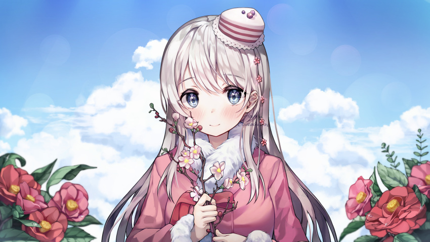 1girl absurdres bangs blue_eyes blue_sky blush branch closed_mouth clouds cloudy_sky commentary commission day eyebrows_visible_through_hair flower fur-trimmed_jacket fur-trimmed_sleeves fur_trim grey_hair hair_between_eyes hair_flower hair_ornament han_seol hands_up hat highres holding jacket long_hair long_sleeves looking_at_viewer mini_hat original outdoors pink_flower pink_jacket red_flower sky smile solo tilted_headwear watermark white_headwear