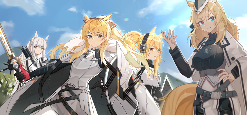 4girls absurdres animal_ears arknights aunt_and_niece bangs blemishine_(arknights) blonde_hair blue_eyes brown_eyes closed_mouth day eyebrows_visible_through_hair hair_ornament headphones highres holding holding_sword holding_weapon lan_zhu_gu long_hair looking_at_viewer looking_away multiple_girls nearl_(arknights) outdoors platinum_(arknights) siblings sisters sky sword thick_eyebrows weapon whislash_(arknights) white_hair