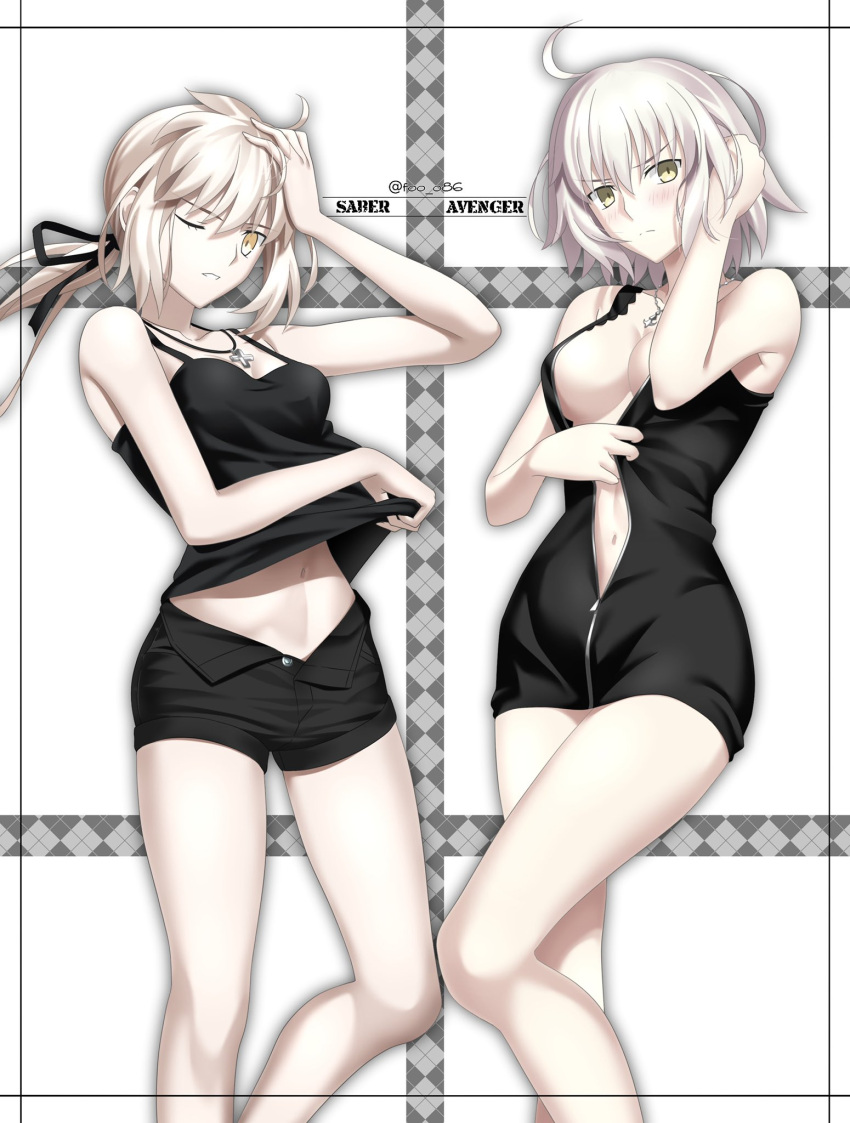 2girls artoria_pendragon_(all) bangs black_dress black_ribbon black_shorts breasts character_name cross cross_necklace dress fate/grand_order fate/stay_night fate_(series) foo_(pixiv54892036) full-length_zipper highres jeanne_d'arc_(alter)_(fate) jeanne_d'arc_(fate)_(all) jet_black_king_of_knights_ver._shinjuku_1999 jewelry large_breasts low_ponytail multiple_girls navel necklace one_eye_closed ribbon saber_alter shirt short_dress short_hair shorts silver_hair sleeveless sleeveless_shirt tsurime white_background wicked_dragon_witch_ver._shinjuku_1999 yellow_eyes zipper