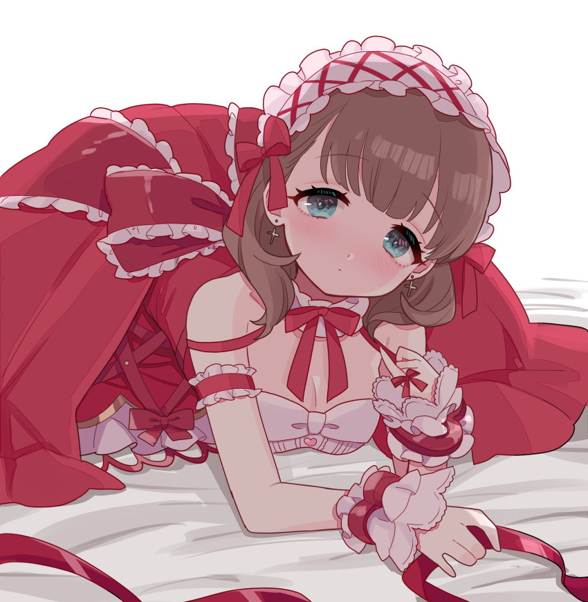 1girl :o arm_cuffs backlighting bed_sheet blush bow breasts brown_hair collar commentary cross cross_earrings dot_mouth dot_nose dress earrings eyelashes frilled_bow frilled_collar frilled_cuffs frills green_eyes hairband highres idolmaster idolmaster_cinderella_girls jewelry lolita_hairband looking_at_viewer lying medium_breasts necktie off_shoulder on_stomach red_bow red_dress red_neckwear red_ribbon ribbon saito_katuo sakuma_mayu simple_background sleeveless sleeveless_dress white_background