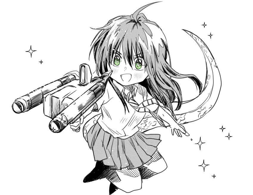 1girl absurdres ahoge bangs character_request chibi copyright_request eyebrows_behind_hair floating floating_clothes green_eyes grey_skirt gun gundam gundam_zz highres holding holding_gun holding_weapon kudou_makoto looking_ahead necktie open_mouth school_uniform skirt solo sparkle spot_color tail v-shaped_eyebrows weapon
