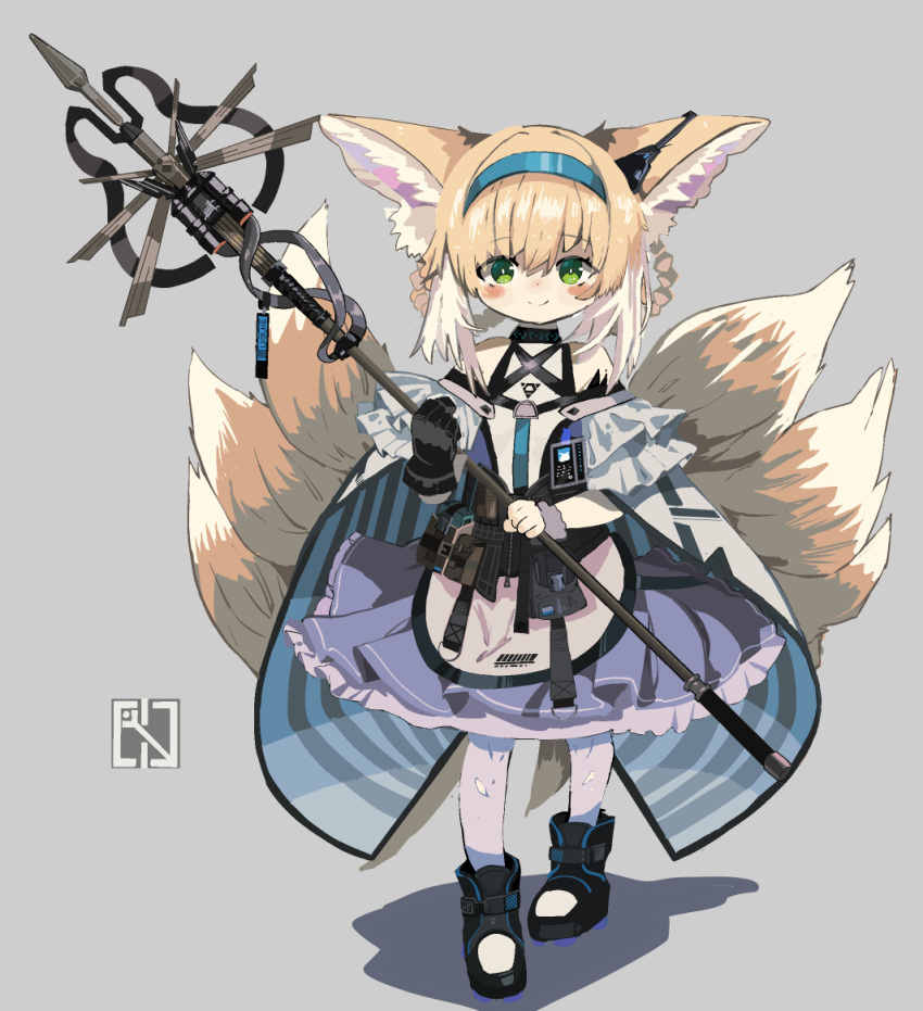 1girl animal_ear_fluff animal_ears arknights bangs black_footwear black_gloves blonde_hair blue_hairband blush boots braid closed_mouth commentary_request eyebrows_visible_through_hair fox_ears fox_girl fox_tail frilled_skirt frills full_body gloves grey_background hair_between_eyes hair_rings hairband holding kitsune looking_at_viewer multicolored_hair pantyhose pleated_skirt purple_skirt ryu_(17569823) shadow shirt single_glove skirt smile solo standing suzuran_(arknights) tail twin_braids two-tone_hair white_hair white_legwear white_shirt