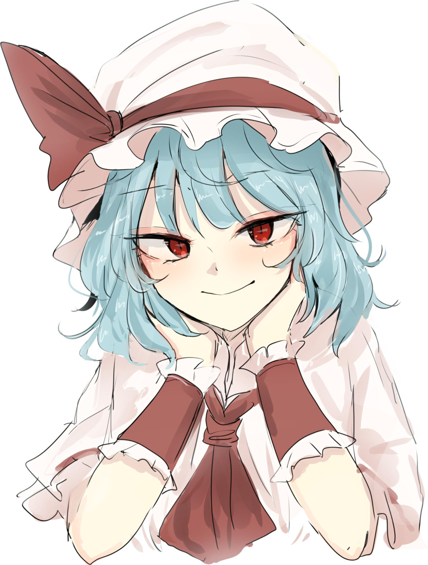 1girl absurdres ascot blue_hair closed_mouth hands_up hat hat_ornament head_rest highres looking_at_viewer medium_hair ne_kuro pillow_hat red_eyes red_neckwear remilia_scarlet simple_background smile solo touhou upper_body white_background white_headwear wristband