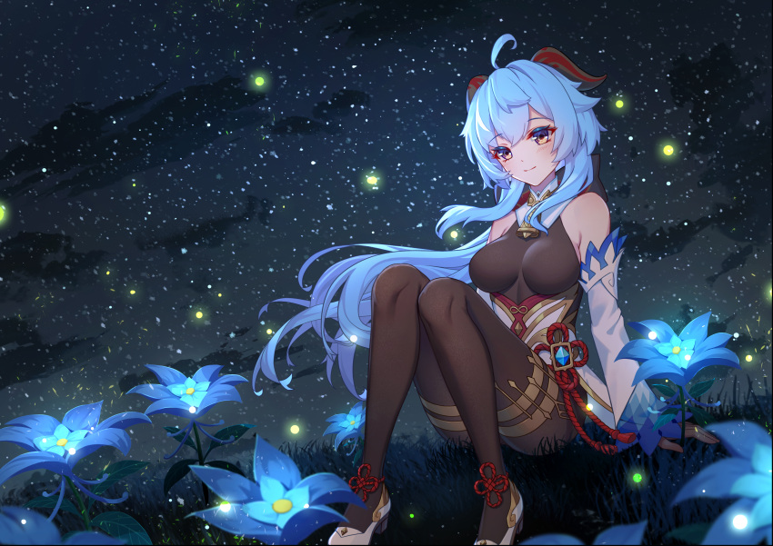 1girl absurdres blue_flower blue_hair closed_mouth detached_sleeves eyebrows_visible_through_hair flower ganyu_(genshin_impact) genshin_impact hair_between_eyes heiyizhushenxia high_heels highres long_sleeves outdoors sitting sky smile solo star_(sky) starry_sky yellow_eyes