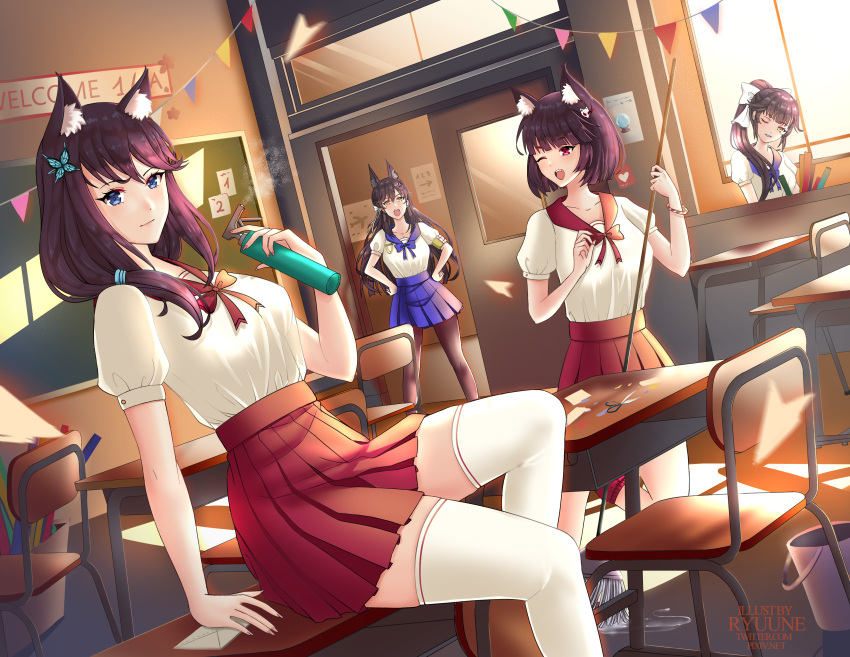 4girls absurdres alternate_costume animal_ear_fluff animal_ears artist_name atago_(azur_lane) azur_lane blue_eyes blue_skirt bottle bow breasts brown_hair chair desk fusou_(azur_lane) highres indoors letter long_hair looking_at_viewer miniskirt mop multiple_girls on_desk one_eye_closed open_mouth pantyhose pleated_skirt ponytail red_eyes red_skirt ryuuneart school_uniform shirt short_sleeves sitting skirt spray_bottle takao_(azur_lane) thigh-highs uniform white_bow white_legwear white_shirt yamashiro_(azur_lane) yellow_eyes