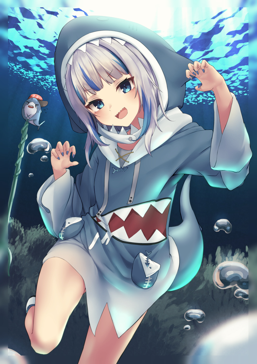 1girl :d absurdres air_bubble animal_costume animal_hood bangs bare_legs black_panties bloop_(gawr_gura) blue_eyes blue_hair blue_hoodie blue_nails blunt_bangs bubble claw_pose eyebrows_visible_through_hair fish_tail freediving gawr_gura hair_ornament highres hololive hololive_english hood hoodie inaba_teitoku knee_up light_blush long_sleeves looking_at_viewer medium_hair multicolored_hair open_mouth panties shark_costume shark_girl shark_hair_ornament shark_hood shark_tail sharp_teeth shoes silver_hair smile sneakers solo streaked_hair tail teeth underwater underwear v-shaped_eyebrows virtual_youtuber white_footwear wide_sleeves