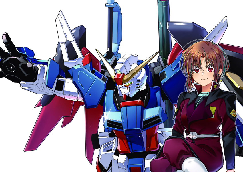 1girl absurdres brown_hair cosplay destiny_gundam glowing glowing_eye green_eyes gundam gundam_seed gundam_seed_destiny hair_behind_ear hg_ni_koisuru_futari highres kanzaki_sayaka_(hg_ni_koisuru_futari) kudou_makoto looking_down looking_to_the_side mecha mechanical_wings military military_uniform open_hand red_eyes shinn_asuka shinn_asuka_(cosplay) shiny smile uniform v-fin white_background wings