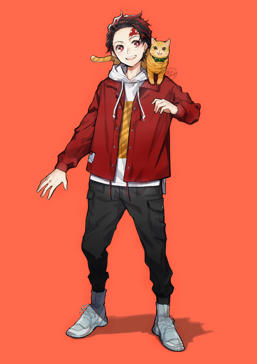 1boy absurdres animal_on_shoulder black_pants bright_pupils cat cat_on_shoulder contemporary drawstring grey_footwear highres hood hoodie jacket kamado_tanjirou kimetsu_no_yaiba open_mouth orange_background pants piroshiki123 red_eyes red_hair red_jacket redhead scar_on_forehead shadow shoes short_hair signature simple_background smile solo white_pupils
