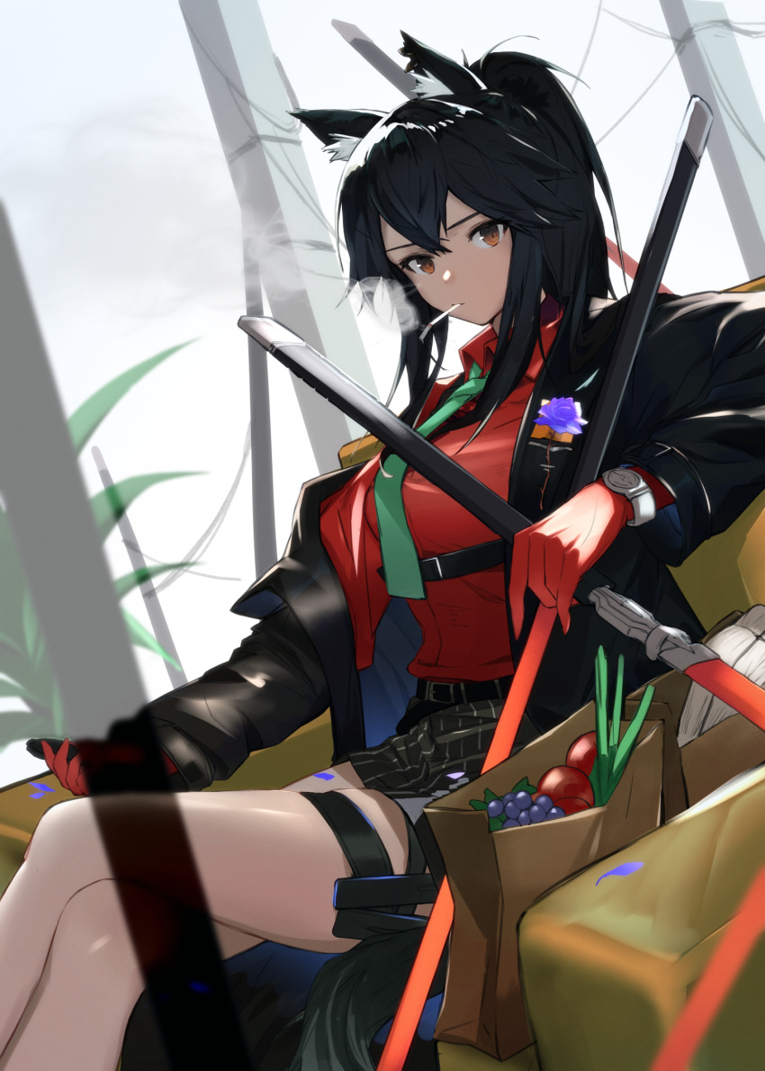 1girl animal_ear_fluff animal_ears arknights belt black_coat black_hair black_skirt breasts brown_eyes cigarette coat collared_shirt crossed_legs gloves highres holding holding_sword holding_weapon long_hair long_sleeves looking_at_viewer medium_breasts miniskirt mouth_hold necktie off_shoulder open_clothes open_coat pencil_skirt ponytail red_gloves red_shirt shirt sitting skirt smoking solo striped striped_skirt sword texas_(arknights) texas_(willpower)_(arknights) thigh_strap thighs watch watch weapon wolf_ears yooguretto
