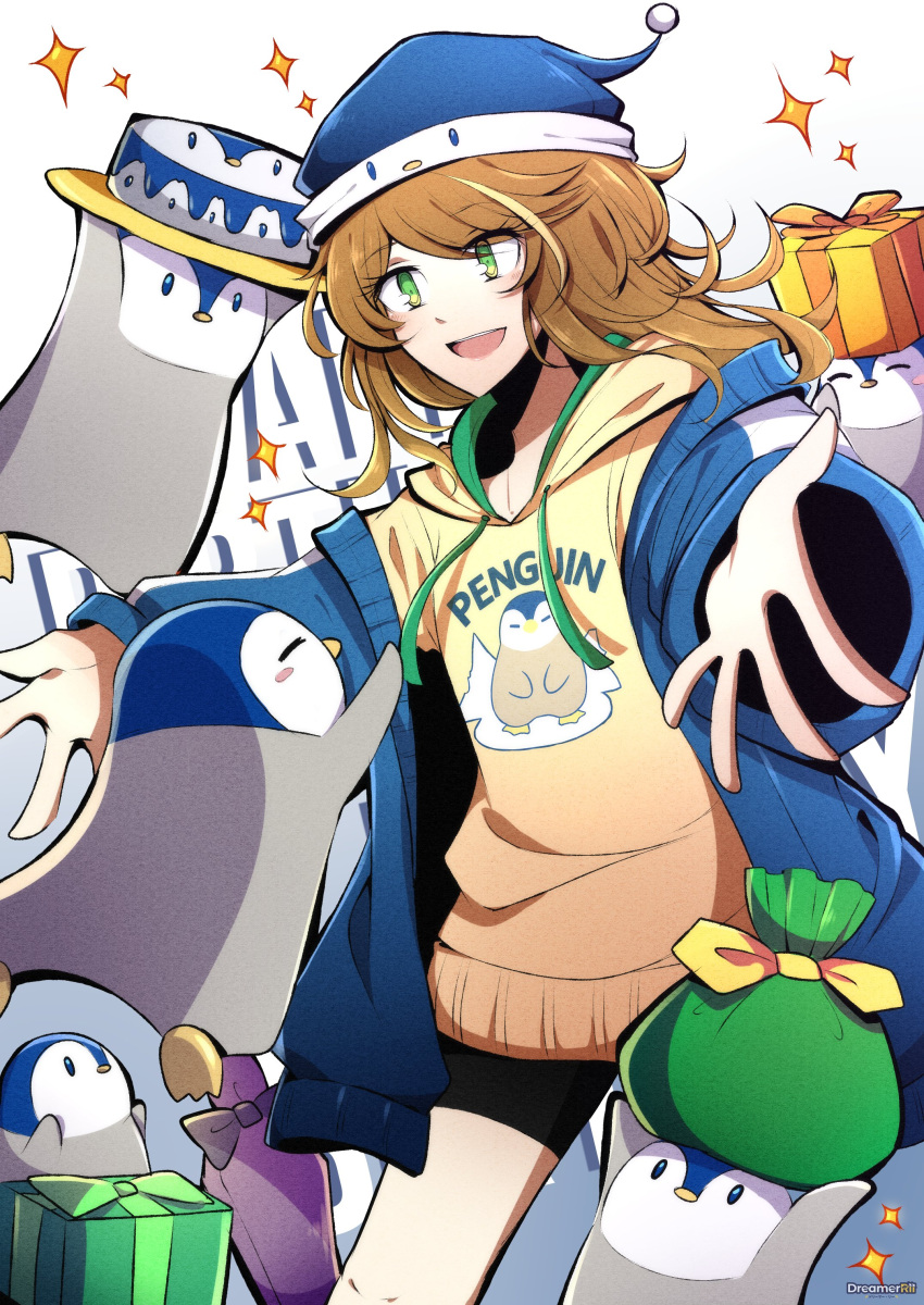 1girl absurdres amicia_michella bag bird blue_jacket box brown_hair cake dreamerrii eyebrows_visible_through_hair food gift gradient gradient_background green_eyes hat highres hood hoodie jacket medium_hair multiple_others nijisanji nijisanji_id off-shoulder_jacket open_mouth outstretched_arms penguin penguin_hat shorts smile sparkle virtual_youtuber yellow_hoodie