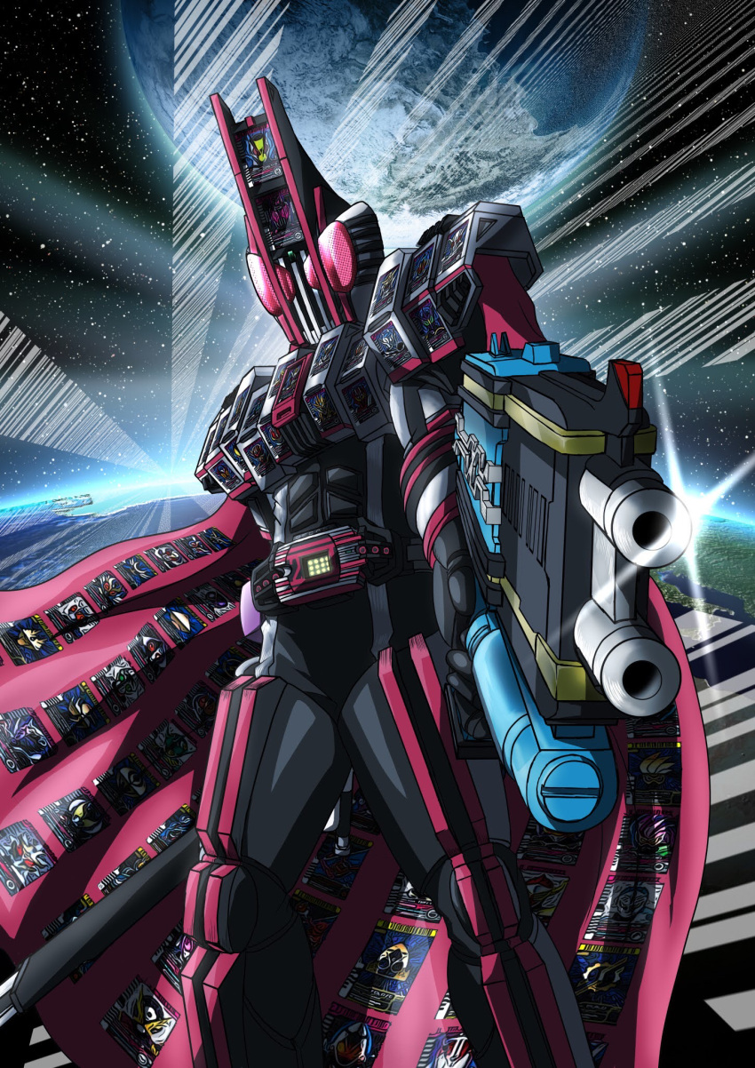 1boy armor barcode bodysuit cape card commentary_request complete_form_21 earth_(planet) gun helmet highres kamen_rider kamen_rider_dcd kamen_rider_decade kamen_rider_zi-o_(series) looking_at_viewer pink_eyes planet pointing pointing_at_viewer pointing_weapon rider_belt sky solo space star_(sky) starry_sky takoyaki_(spartan-201) weapon