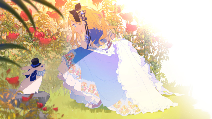 1girl alice_(wonderland) alice_in_wonderland binggu blonde_hair blue_dress blue_eyes dress elbow_gloves flower frilled_dress frills gloves grass hair_behind_ear hair_ribbon highres leaf long_hair plant profile puffy_short_sleeves puffy_sleeves rabbit red_flower ribbon rock shadow short_sleeves solo squatting white_gloves