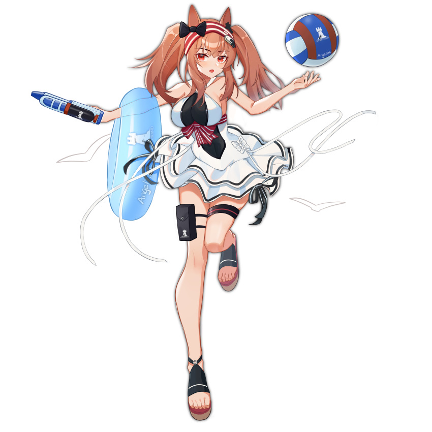 1girl absurdres angelina_(arknights) animal_ears arknights ball bangs breasts brown_hair dress eyebrows_visible_through_hair hair_ornament highres lan_zhu_gu large_breasts long_hair looking_at_viewer red_eyes ribbon solo standing swimwear tachi-e twintails water_gun white_dress white_ribbon