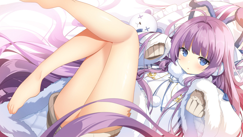 1girl :o animal_ears azur_lane bangs bare_legs barefoot bed_sheet blue_eyes blush coat dress duffel_coat earmuffs eyebrows eyebrows_visible_through_hair fake_animal_ears fur_trim hands_up kurot legs_up long_hair long_sleeves looking_at_viewer lying on_back on_bed open_mouth pillow purple_hair sleeves_past_wrists solo stuffed_animal stuffed_toy sweater sweater_dress tashkent_(azur_lane) thighs toes torpedo_tubes very_long_hair white_coat wide_sleeves winter_clothes