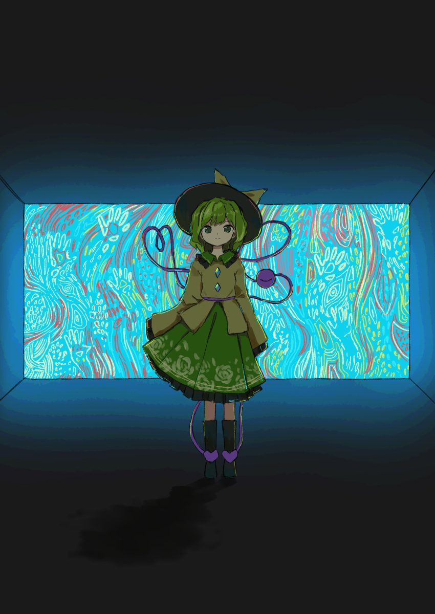 1girl abstract_background absurdres bangs black_footwear black_headwear blouse boots bow closed_mouth commentary_request dark_background eyeball eyebrows_visible_through_hair floral_print frilled_shirt_collar frills full_body green_eyes green_hair green_skirt hat hat_bow heart heart_of_string highres komeiji_koishi looking_at_viewer medium_hair neruzou petticoat skirt sleeves_past_fingers sleeves_past_wrists smile solo standing third_eye touhou wide_sleeves yellow_blouse yellow_bow