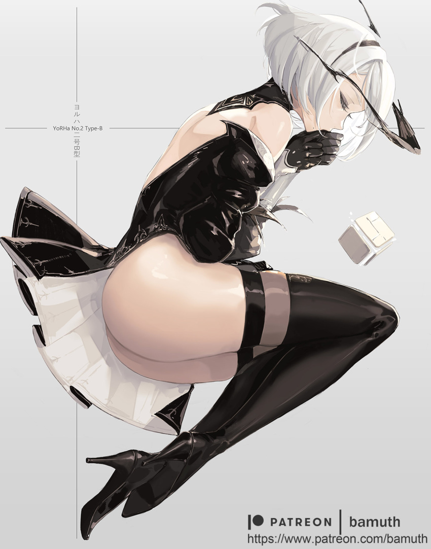 1girl alternate_costume ass bamuth bangs black_dress black_gloves blindfold boots character_name closed_eyes dress duplicate eyelashes gloves high_heel_boots high_heels highres lying mole mole_under_mouth nier_(series) nier_automata on_side patreon_username short_hair sleeping sleeveless sleeveless_dress solo thigh-highs thigh_boots watermark white_hair yorha_no._2_type_b