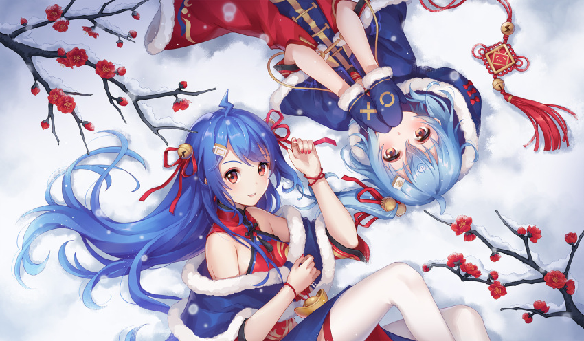 2girls ahoge bangs bare_shoulders bell bili_girl_22 bili_girl_33 bilibili_douga blue_capelet blue_hair blue_mittens blush brown_eyes capelet carminar china_dress chinese_clothes commentary_request covered_mouth dress eyebrows_visible_through_hair feet_out_of_frame flower fur-trimmed_capelet fur-trimmed_dress fur-trimmed_hood fur-trimmed_mittens fur_trim hair_bell hair_between_eyes hair_ornament hair_ribbon hands_up highres hood hood_up hooded_capelet jingle_bell knees_up long_hair lying mittens multiple_girls on_back on_side red_dress red_eyes red_flower red_ribbon ribbon sleeveless sleeveless_dress snow thigh-highs tree_branch very_long_hair white_legwear winter