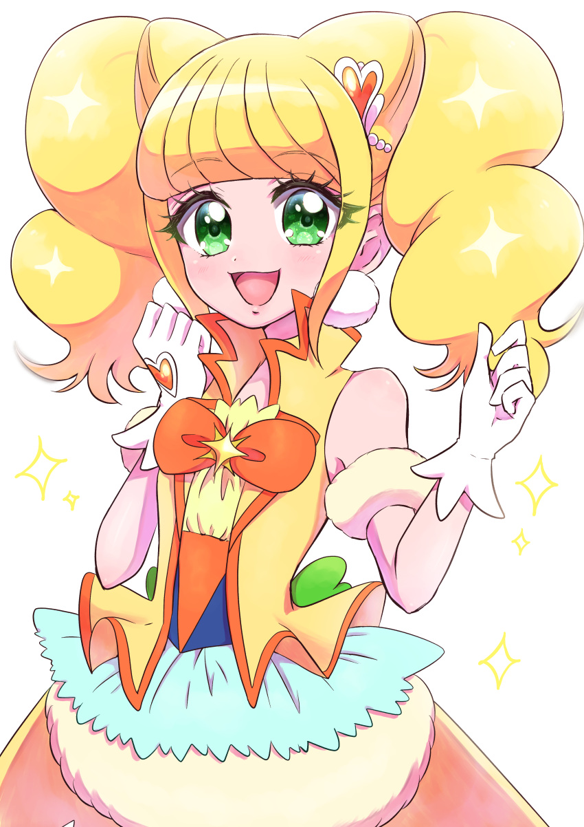 1girl :d absurdres blonde_hair bow brooch bubble_skirt cure_sparkle double_bun earrings gloves green_eyes hair_cones hair_ornament healin'_good_precure heart heart_hair_ornament highres hiramitsu_hinata jewelry layered_skirt looking_at_viewer magical_girl medium_hair open_mouth orange_bow pom_pom_(clothes) pom_pom_earrings precure rii_(rii0_02) simple_background skirt smile solo standing star_brooch twintails upper_body white_background white_gloves white_skirt