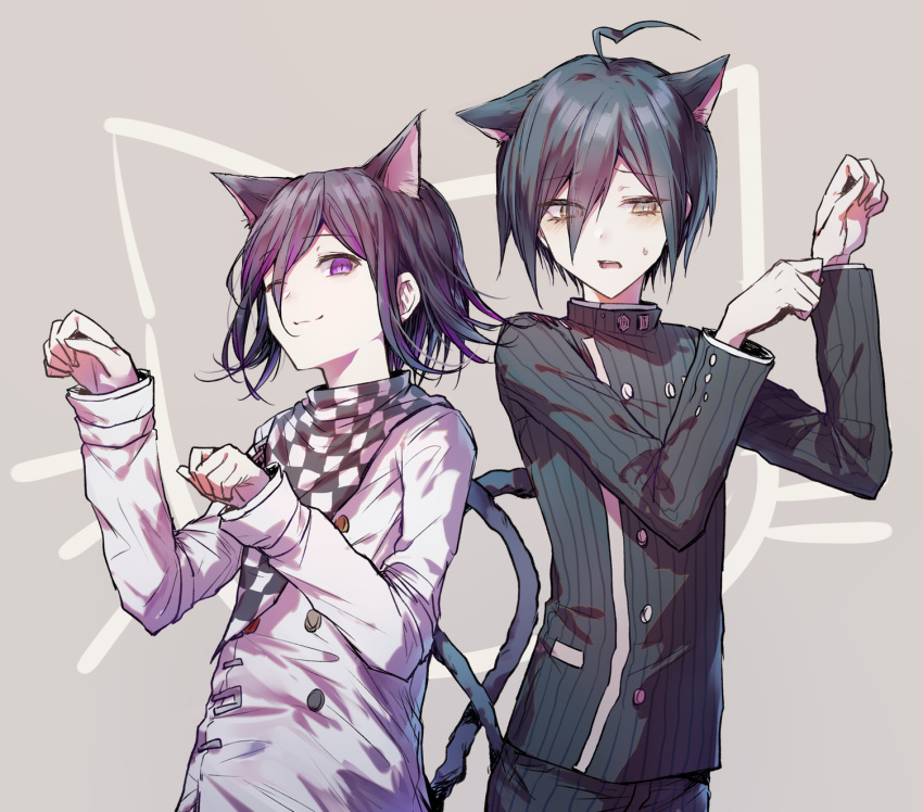 2boys ahoge animal_ears animal_print bangs black_hair black_jacket black_pants brown_eyes cat_boy cat_ears cat_print cat_tail checkered checkered_scarf closed_mouth commentary_request cowboy_shot dangan_ronpa_(series) dangan_ronpa_v3:_killing_harmony double-breasted extra_ears goto_(sep) grey_background highres jacket kemonomimi_mode long_arms long_sleeves looking_at_viewer looking_to_the_side male_focus multiple_boys one_eye_closed open_mouth ouma_kokichi pale_skin pants paw_pose saihara_shuuichi scarf short_hair smile straitjacket striped_jacket sweatdrop tail violet_eyes white_jacket