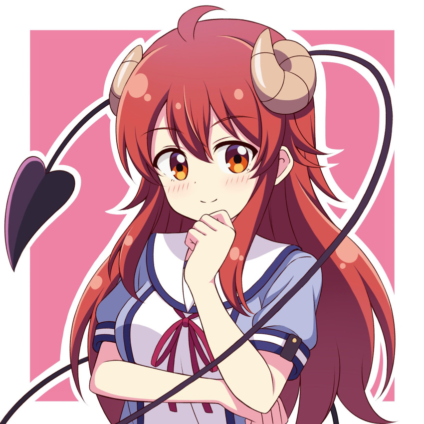 1girl ahoge bangs blue_serafuku blue_shirt blush border breasts brown_eyes brown_hair clenched_hands closed_mouth commentary curled_horns demon_girl demon_horns demon_tail disconnected_mouth eyebrows_visible_through_hair hand_up highres horns large_breasts long_hair looking_at_viewer machikado_mazoku neck_ribbon outline outside_border pink_background puffy_short_sleeves puffy_sleeves red_neckwear red_ribbon ribbon sailor_collar school_uniform shiny shiny_hair shirt short_sleeves simple_background smile solo tail upper_body very_long_hair white_border white_outline white_sailor_collar yoshida_yuuko_(machikado_mazoku) zeta_(24904340)