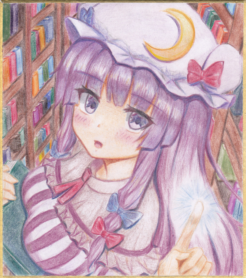 1girl bangs blue_bow blunt_bangs blush bookshelf bow breasts colored_pencil_(medium) commentary_request crescent_hat_ornament eyebrows_visible_through_hair hair_bow hair_ribbon hat highres index_finger_raised large_breasts library looking_at_viewer luke_(kyeftss) mob_cap patchouli_knowledge purple_hair red_bow red_neckwear ribbon shikishi solo the_embodiment_of_scarlet_devil touhou traditional_media tress_ribbon upper_body violet_eyes voile white_headwear