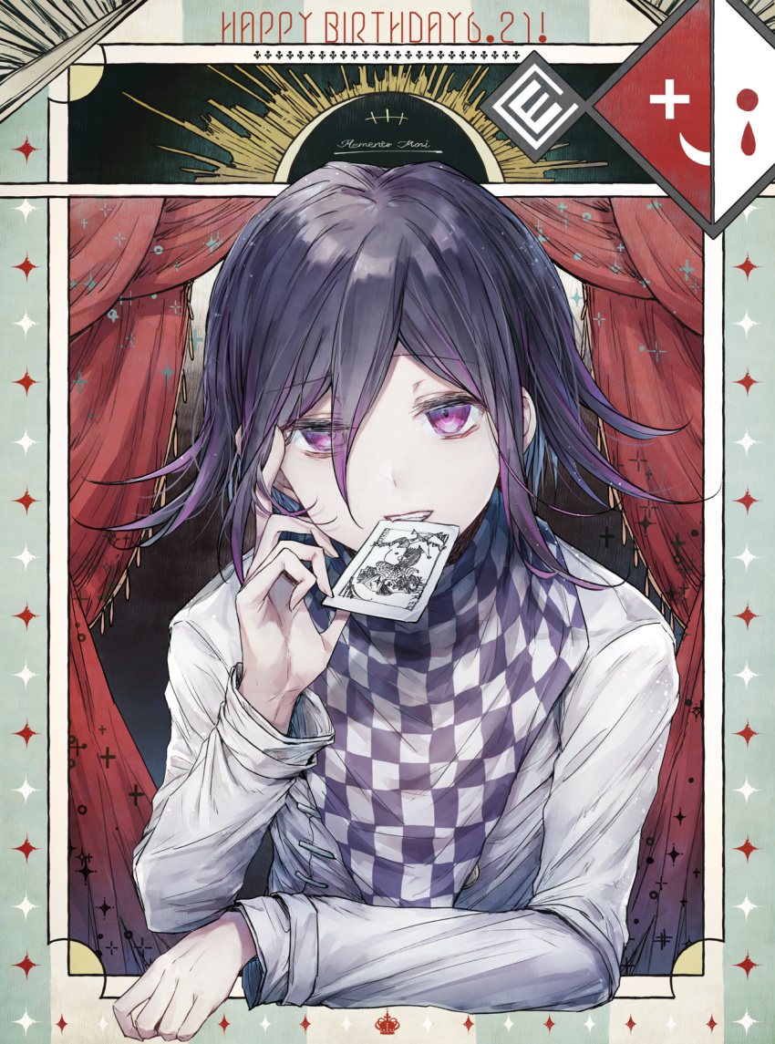 1boy bangs black_hair card character_print checkered checkered_scarf commentary_request curtains dangan_ronpa_(series) dangan_ronpa_v3:_killing_harmony fang goto_(sep) grey_background hair_between_eyes hand_up happy_birthday highres holding holding_card jacket long_sleeves looking_at_viewer male_focus monokuma mouth_hold ouma_kokichi playing_card purple_hair scarf short_hair smile solo sparkle upper_body violet_eyes white_jacket