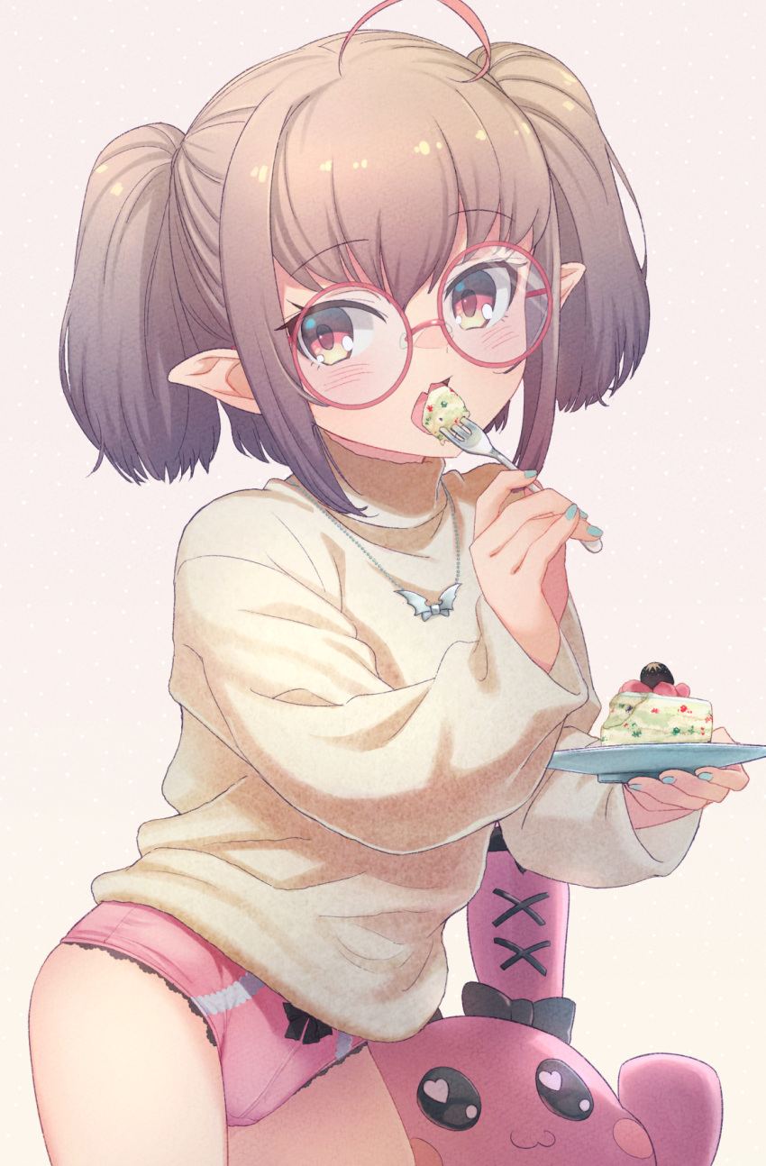 1girl ahoge bespectacled blush cake cowboy_shot dotted_background eating eyebrows_visible_through_hair fang food fork glasses grey_hair highres holding holding_fork holding_plate jewelry lace-trimmed_panties lace_trim long_sleeves looking_at_viewer makaino_ririmu medium_hair multicolored_hair nail_polish necklace nijisanji no_pants open_mouth panties pink_panties plate pointy_ears red_eyes redhead ribbon_panties round_eyewear sabamen sidelocks skin_fang solo streaked_hair stuffed_animal stuffed_bunny stuffed_toy sweater twintails underwear virtual_youtuber