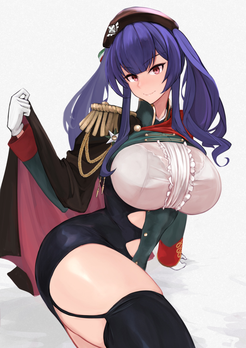 1girl aiguillette azur_lane beret black_cape black_dress black_headwear black_legwear bra bra_through_clothes breasts cape center_frills dress epaulettes eyebrows_visible_through_hair framed_breasts frills garter_straps gloves green_dress hat highres huge_breasts italian_flag long_hair marshall_k medal pola_(azur_lane) red_cape red_eyes solo taut_clothes thigh-highs twintails two-tone_cape two-tone_dress underwear white_bra white_gloves