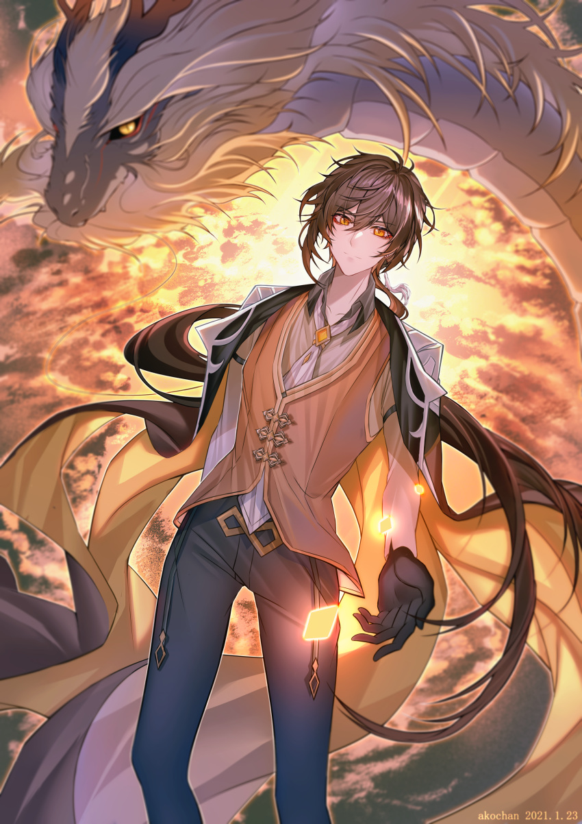 1boy absurdres akochan bangs black_gloves black_hair brown_hair closed_mouth clouds cloudy_sky collar dragon earrings eastern_dragon eyebrows_visible_through_hair formal genshin_impact gloves hair_between_eyes highres horns jacket jewelry long_hair long_sleeves looking_at_viewer male_focus multicolored_hair necktie open_clothes open_jacket ponytail rex_lapis_(genshin_impact) single_earring sky solo tassel tassel_earrings very_long_hair vest whiskers yellow_eyes zhongli_(genshin_impact)