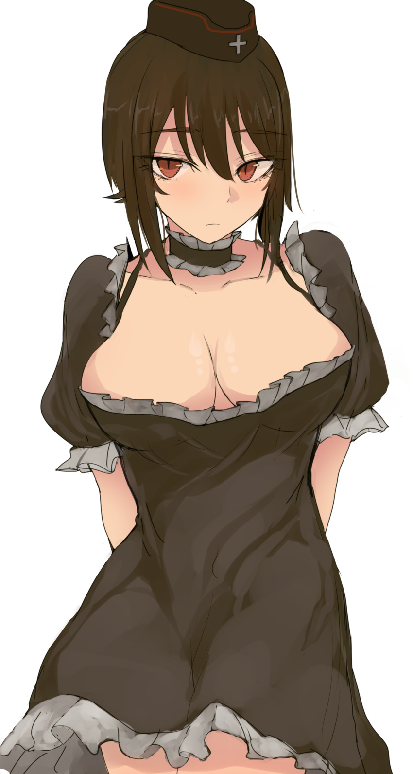 1girl absurdres arms_behind_back black_choker black_dress breasts brown_hair choker closed_mouth cowboy_shot dress girls_und_panzer hair_between_eyes highres large_breasts looking_at_viewer ne_kuro nishizumi_maho puffy_short_sleeves puffy_sleeves red_eyes short_sleeves simple_background slit_pupils solo standing white_background