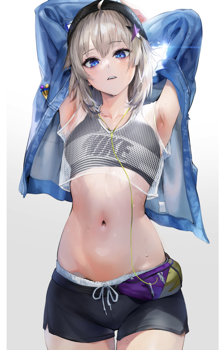 0000_(asd7083) 1girl aa-12_(girls_frontline) absurdres armpits arms_behind_head beret blonde_hair blue_eyes earphones girls_frontline hair_ornament hat highres jacket looking_at_viewer navel pale_skin parted_lips solo sports_bra stretch sweat thigh_gap