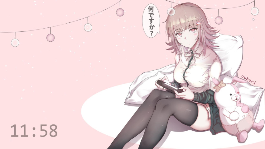 1girl artist_name bangs beige_background black_jacket black_legwear black_shirt blunt_bangs blush breasts collared_shirt commentary dangan_ronpa_(series) dangan_ronpa_2:_goodbye_despair diaper eyebrows_visible_through_hair feet_out_of_frame flipped_hair hair_ornament hairclip handheld_game_console highres holding holding_handheld_game_console hood jacket large_breasts long_sleeves looking_at_viewer medium_hair monomi_(dangan_ronpa) nanami_chiaki neck_ribbon number off_shoulder oubori pillow pink_eyes ribbon shiny shiny_clothes shiny_legwear shirt sitting speech_bubble thigh-highs timestamp translation_request two-tone_skirt white_shirt