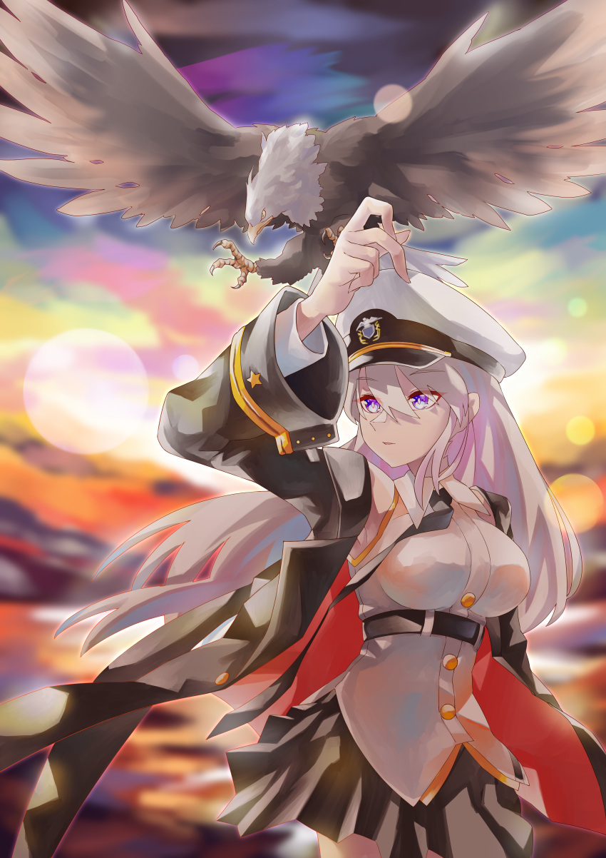 1girl absurdres azur_lane belt bird black_belt black_coat black_neckwear black_skirt blouse breasts coat eagle enterprise_(azur_lane) eyebrows_visible_through_hair hair_between_eyes hat highres huge_filesize large_breasts military military_hat military_uniform miniskirt necktie open_clothes open_coat peaked_cap pleated_skirt skirt solo take_yaki uniform violet_eyes white_blouse white_hair white_headwear