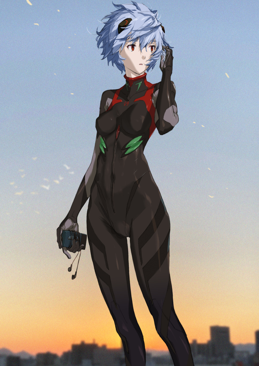 1girl arm_at_side ayanami_rei black_bodysuit blue_sky blurry blurry_background bodysuit breasts building cassette_player city cityscape clothes_writing commentary_request covered_navel earphones earphones evangelion:_3.0_you_can_(not)_redo expressionless eyebrows_visible_through_hair eyelashes facing_viewer feet_out_of_frame floating_hair framed_breasts gradient gradient_sky hair_between_eyes hairpods hand_up highres holding kiyohisa legs_apart light_blue_hair long_legs looking_afar messy_hair neon_genesis_evangelion number orange_sky outdoors parted_lips pilot_suit plugsuit rebuild_of_evangelion red_eyes shaded_face shiny shiny_hair short_hair skin_tight skinny sky small_breasts solo sparks standing sunlight sunset very_short_hair