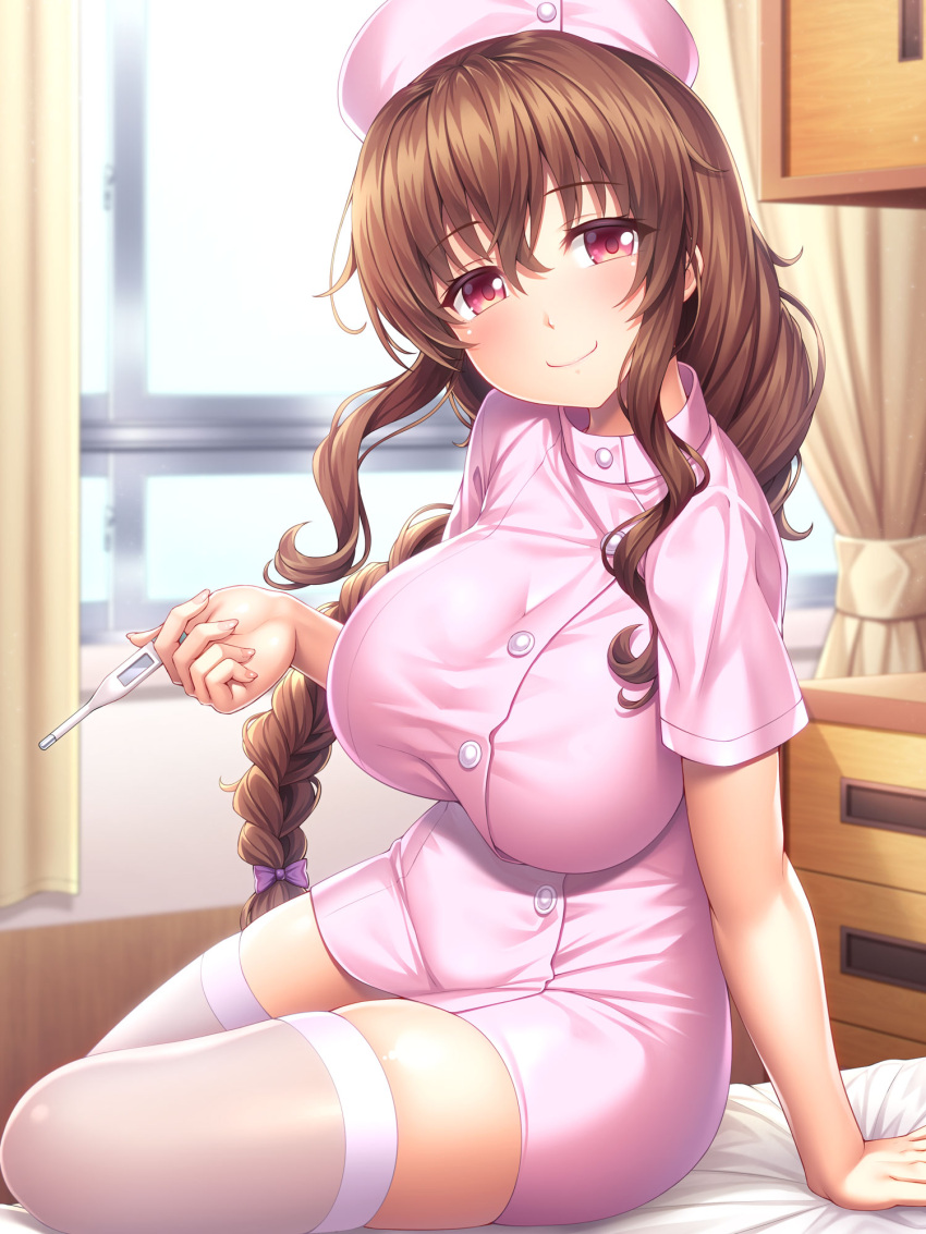 1girl bangs bed bed_sheet bow braid breasts brown_hair closed_mouth curtains drawer dress eyebrows_visible_through_hair hair_bow hat highres holding_thermometer infirmary lambda_(kusowarota) large_breasts long_hair nurse nurse_cap original pink_dress red_eyes short_sleeves sidelocks sitting smile solo taut_clothes thermometer thigh-highs thighs white_legwear window