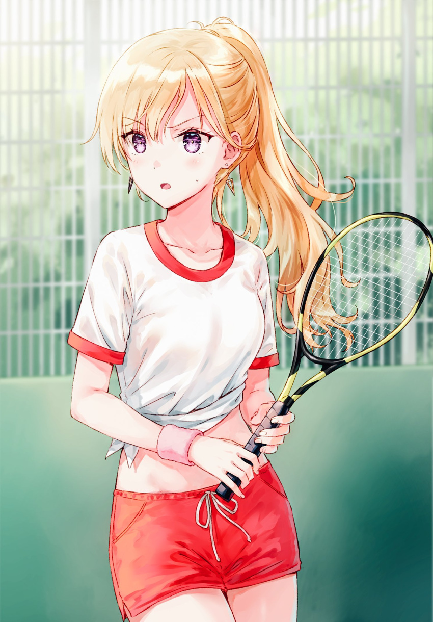 1girl bangs blonde_hair blurry blurry_background collarbone cowboy_shot earrings eyebrows_visible_through_hair gimai_seikatsu gym_uniform hair_between_eyes highres hiten_(hitenkei) holding jewelry long_hair midriff open_mouth ponytail racket red_shorts ribbon shiny shiny_hair shirt short_shorts short_sleeves shorts solo sportswear standing stomach tennis_racket tennis_uniform tied_shirt violet_eyes white_ribbon white_shirt