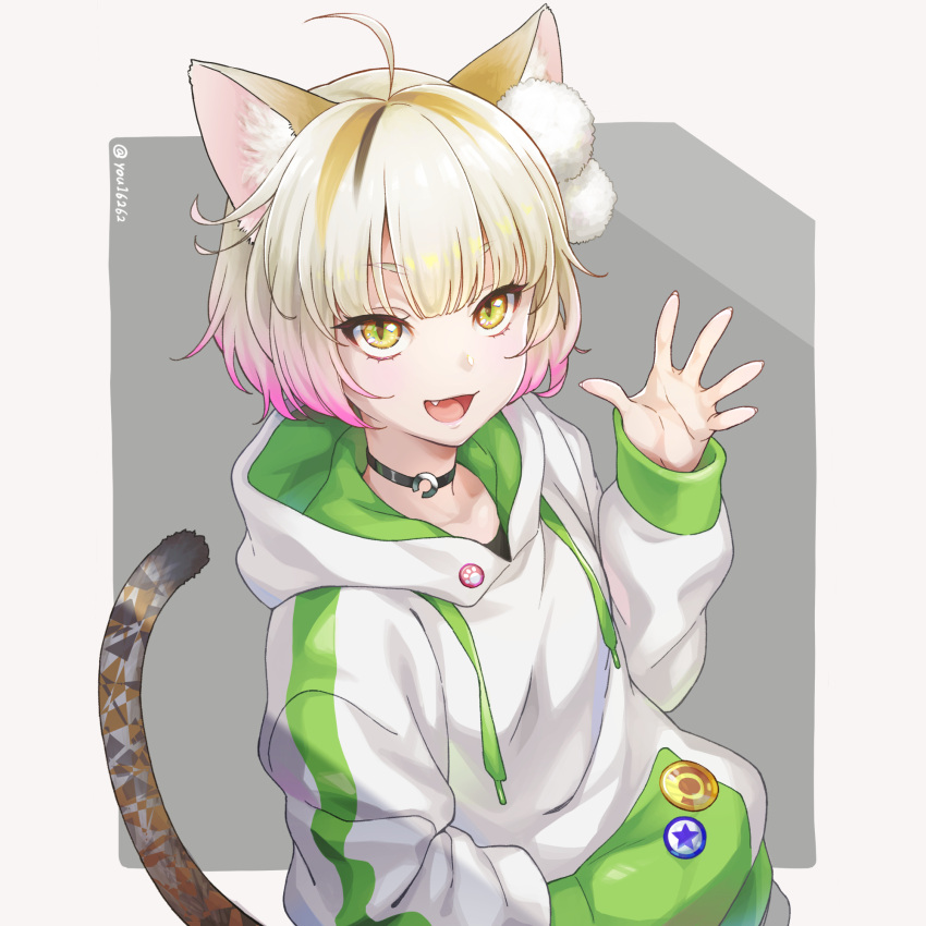 1girl :d ahoge animal_ears blonde_hair buttons cat_ears cat_tail collar eyebrows_visible_through_hair hand_up highres hood hood_down hoodie long_sleeves open_mouth original simple_background smile solo tail twitter_username yellow_eyes yukasummer