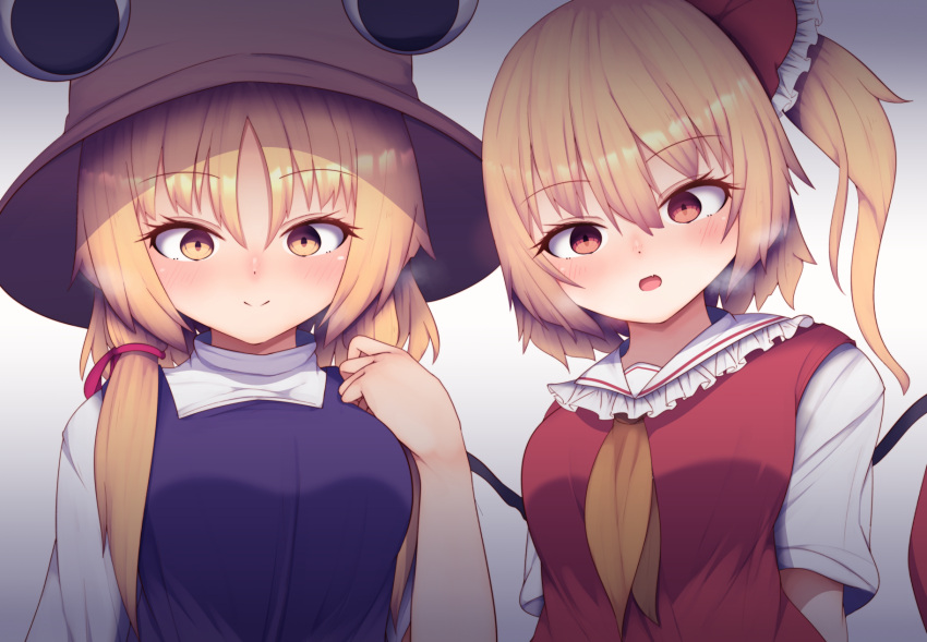 2girls :o adapted_costume arms_behind_back bangs blonde_hair blue_vest blush breasts breath brown_headwear commentary_request cravat darumoon eyebrows_visible_through_hair flandre_scarlet gradient gradient_background grey_background head_tilt high_collar highres looking_at_viewer medium_breasts moriya_suwako multiple_girls no_hat no_headwear one_side_up parted_bangs red_eyes red_vest short_hair side-by-side sidelocks smile standing touhou upper_body vest wings yellow_eyes yellow_neckwear