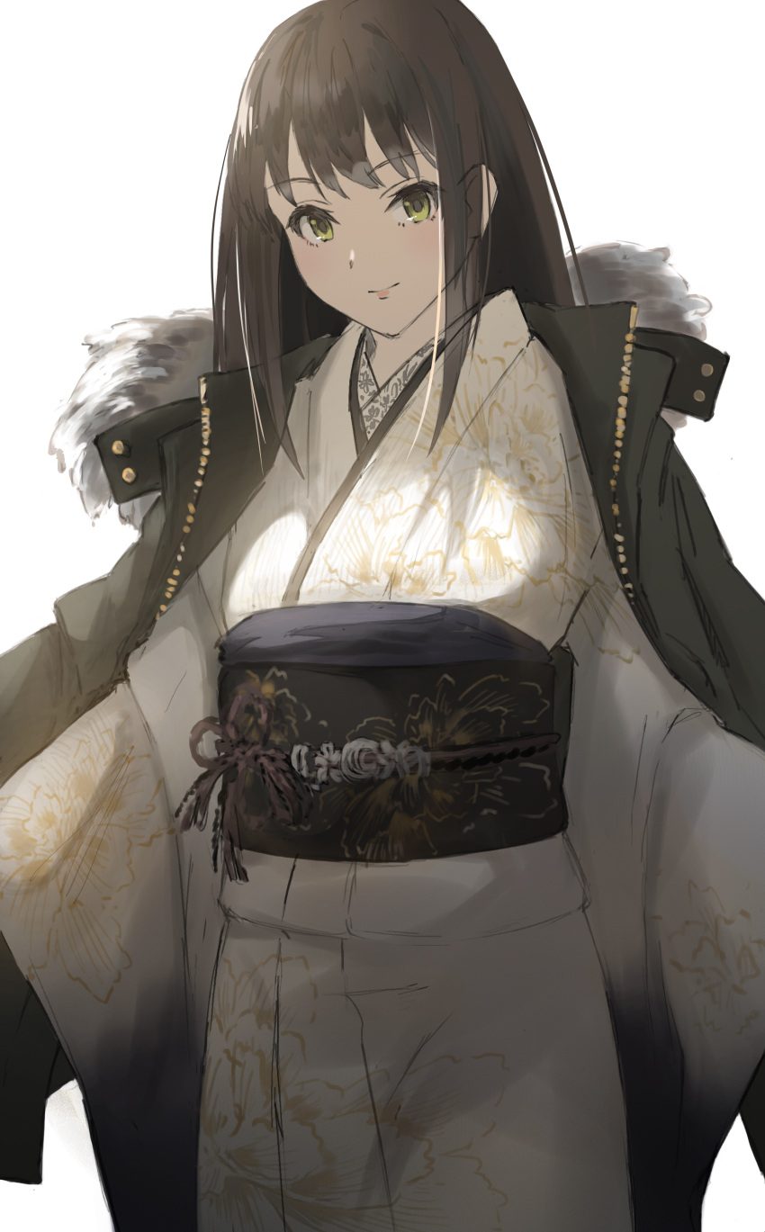 1girl absurdres black_hair eyebrows_visible_through_hair floral_print green_eyes highres idolmaster idolmaster_cinderella_girls idolmaster_cinderella_girls_starlight_stage jacket japanese_clothes k_concord kimono long_hair obi open_clothes open_jacket sash shibuya_rin simple_background smile solo white_background